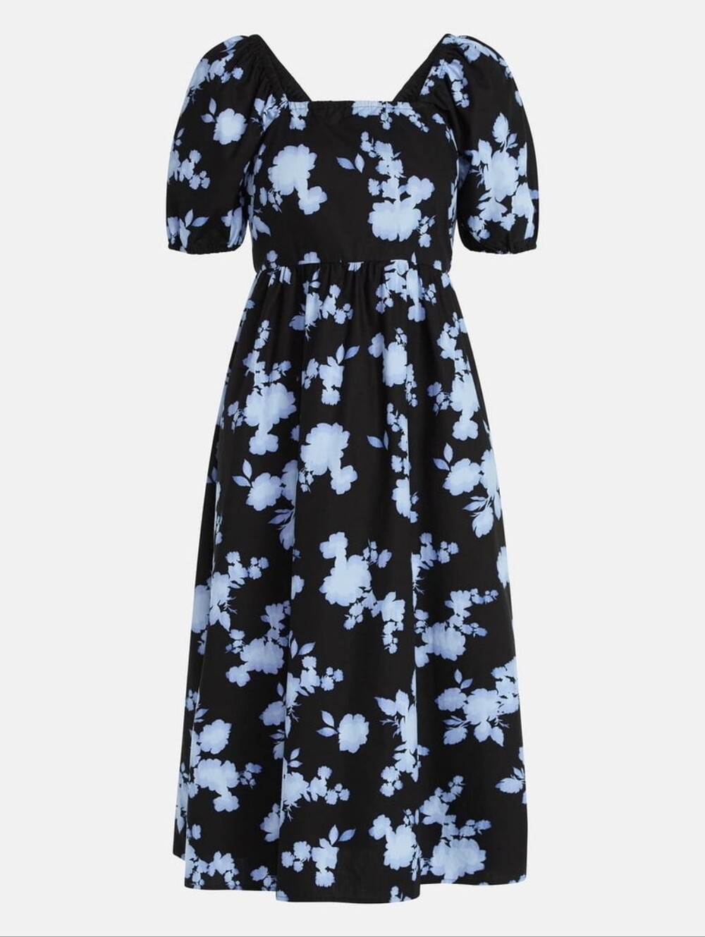 Time and Tru Black And Blue Floral Midi Dress With Back Cutout And Bow